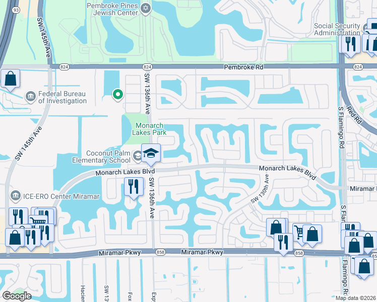 map of restaurants, bars, coffee shops, grocery stores, and more near 13301 Southwest 24th Street in Miramar