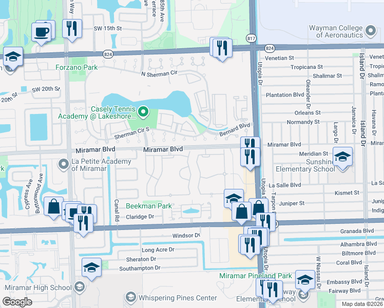 map of restaurants, bars, coffee shops, grocery stores, and more near 2573 Southwest 83rd Terrace in Miramar