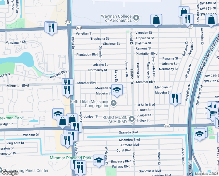 map of restaurants, bars, coffee shops, grocery stores, and more near 2630 Nassau Drive in Miramar