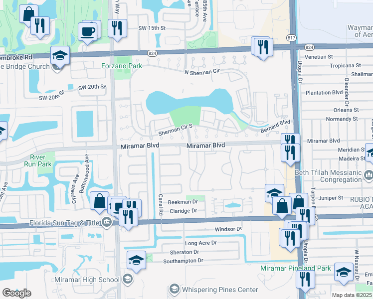 map of restaurants, bars, coffee shops, grocery stores, and more near 8612 Wilshire Drive in Miramar