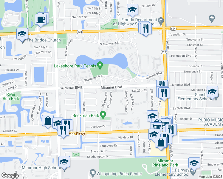 map of restaurants, bars, coffee shops, grocery stores, and more near 8425 Southwest 25th Court in Miramar