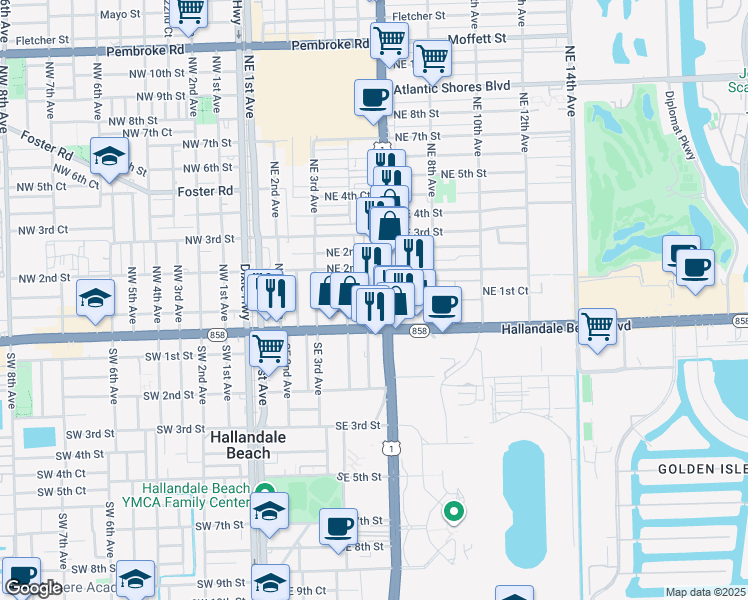map of restaurants, bars, coffee shops, grocery stores, and more near 421 Northeast 1st Street in Hallandale Beach
