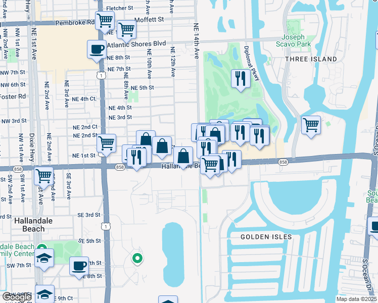 map of restaurants, bars, coffee shops, grocery stores, and more near 1333 East Hallandale Beach Boulevard in Hallandale Beach