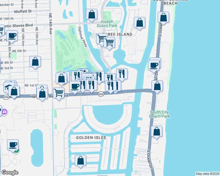 map of restaurants, bars, coffee shops, grocery stores, and more near 150 Three Islands Boulevard in Hallandale Beach