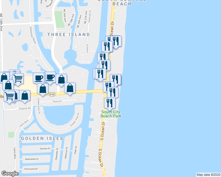 map of restaurants, bars, coffee shops, grocery stores, and more near 3951 South Ocean Drive in Hollywood