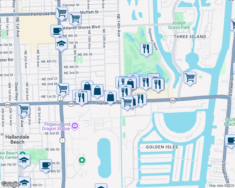 map of restaurants, bars, coffee shops, grocery stores, and more near 1333 East Hallandale Beach Boulevard in Hallandale Beach
