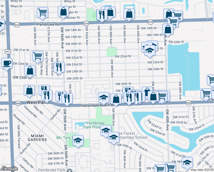 map of restaurants, bars, coffee shops, grocery stores, and more near 2511 Southwest 48th Terrace in Hollywood