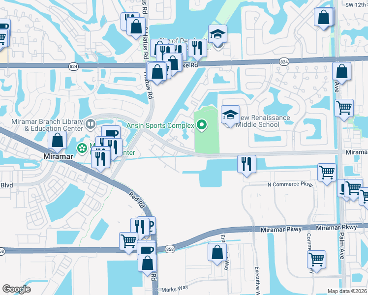 map of restaurants, bars, coffee shops, grocery stores, and more near 2280 East Preserve Way in Miramar