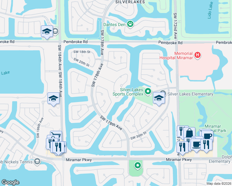 map of restaurants, bars, coffee shops, grocery stores, and more near 2128 Southwest 176th Terrace in Miramar