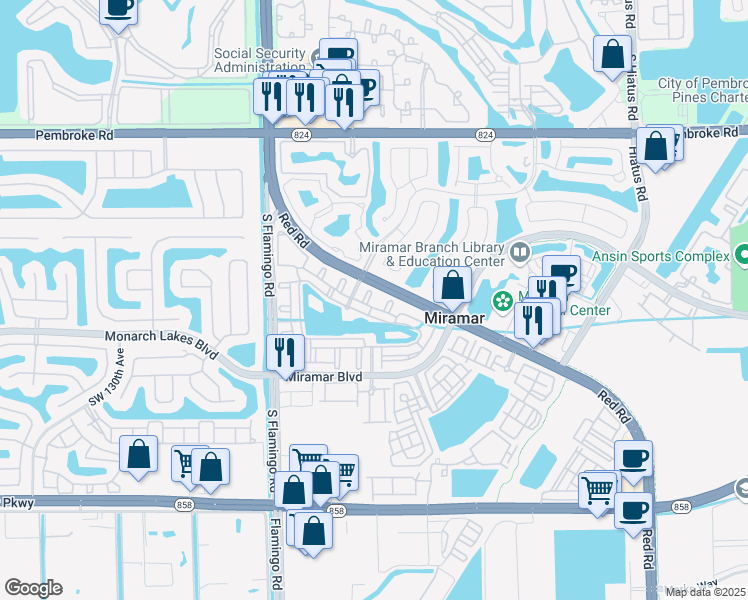 map of restaurants, bars, coffee shops, grocery stores, and more near 11960 Southwest 23rd Street in Miramar