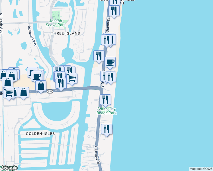 map of restaurants, bars, coffee shops, grocery stores, and more near 4111 South Ocean Drive in Hollywood