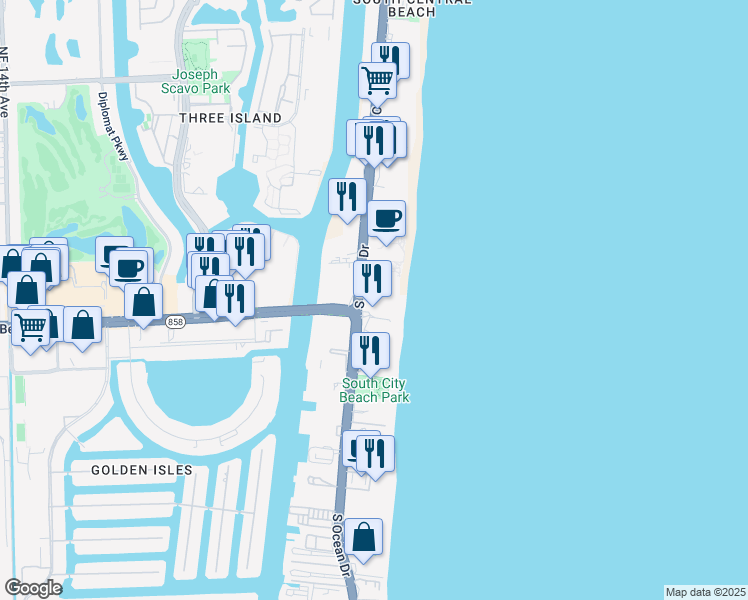 map of restaurants, bars, coffee shops, grocery stores, and more near 3951 South Ocean Drive in Hollywood