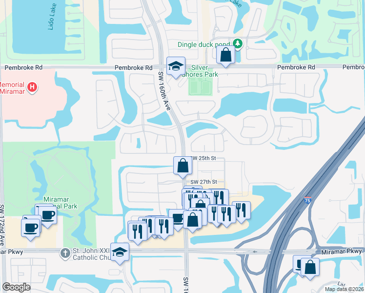 map of restaurants, bars, coffee shops, grocery stores, and more near 2420 Southwest 160th Avenue in Miramar
