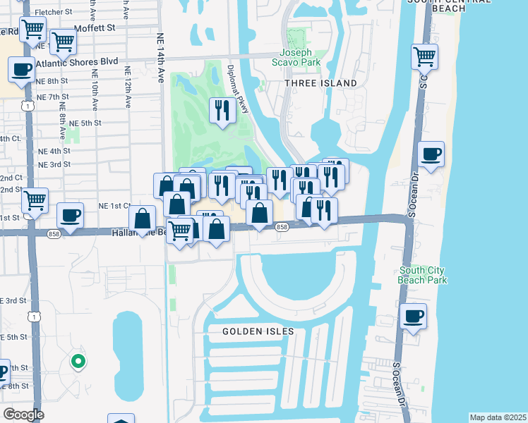 map of restaurants, bars, coffee shops, grocery stores, and more near 1995 East Hallandale Beach Boulevard in Hallandale Beach