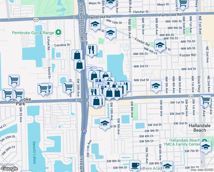 map of restaurants, bars, coffee shops, grocery stores, and more near 1036-1052 Northwest 3rd Street in Hallandale Beach