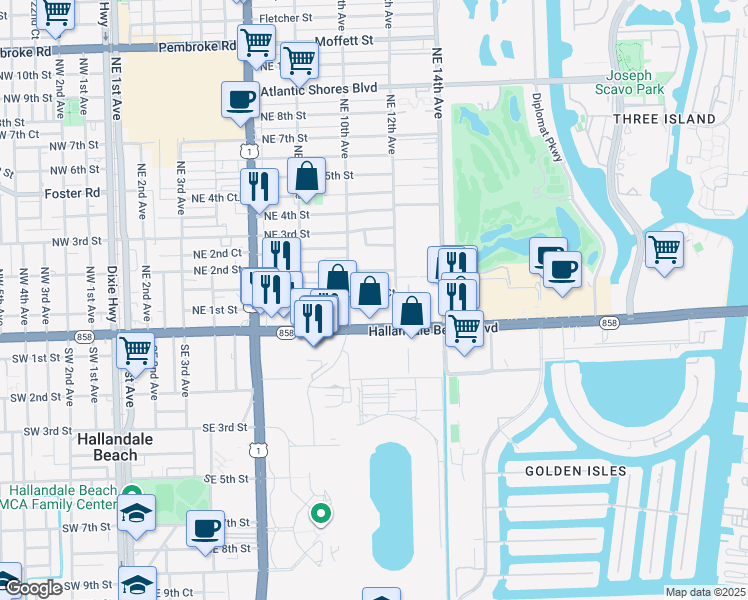 map of restaurants, bars, coffee shops, grocery stores, and more near 1017 Northeast 1st Court in Hallandale Beach