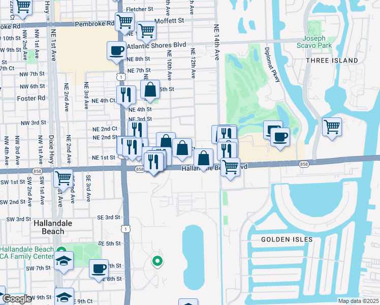 map of restaurants, bars, coffee shops, grocery stores, and more near 1017 Northeast 1st Court in Hallandale Beach