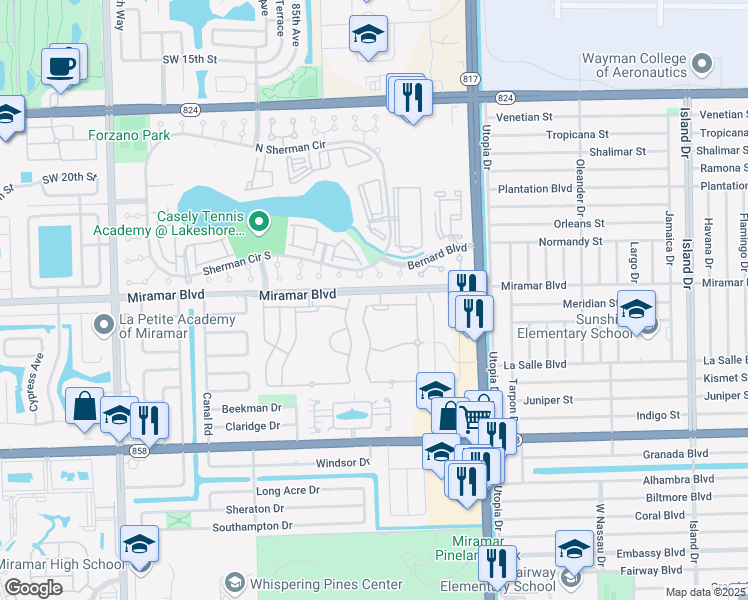 map of restaurants, bars, coffee shops, grocery stores, and more near 8269 Southwest 25th Court in Miramar