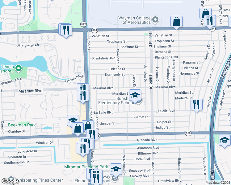 map of restaurants, bars, coffee shops, grocery stores, and more near 7905 Meridian Street in Miramar