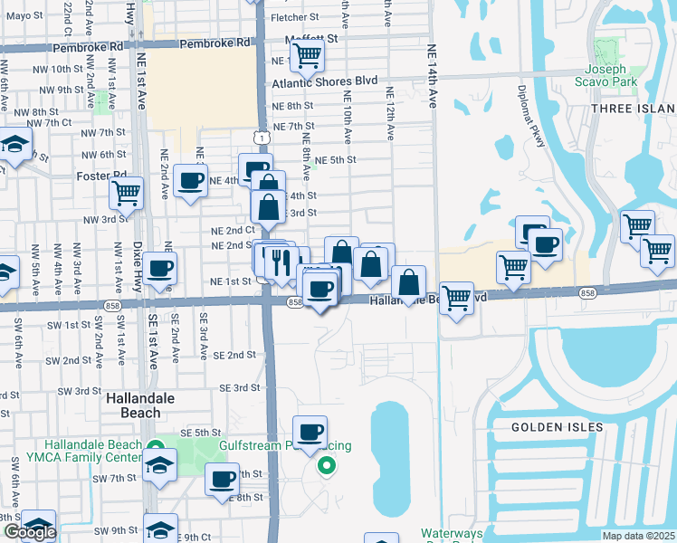 map of restaurants, bars, coffee shops, grocery stores, and more near 161 Northeast 10th Avenue in Hallandale Beach