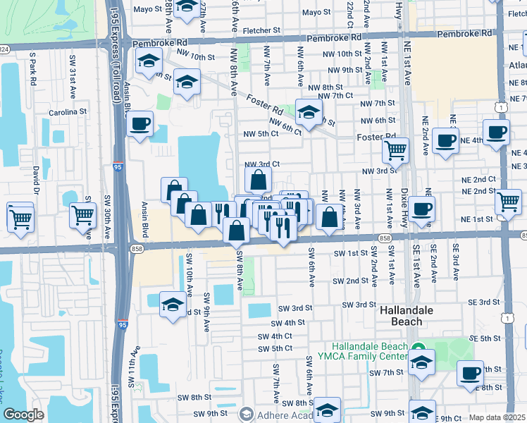 map of restaurants, bars, coffee shops, grocery stores, and more near 713 Northwest 2nd Street in Hallandale Beach
