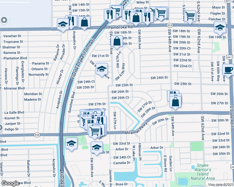 map of restaurants, bars, coffee shops, grocery stores, and more near 6730 Southwest 25th Street in Miramar