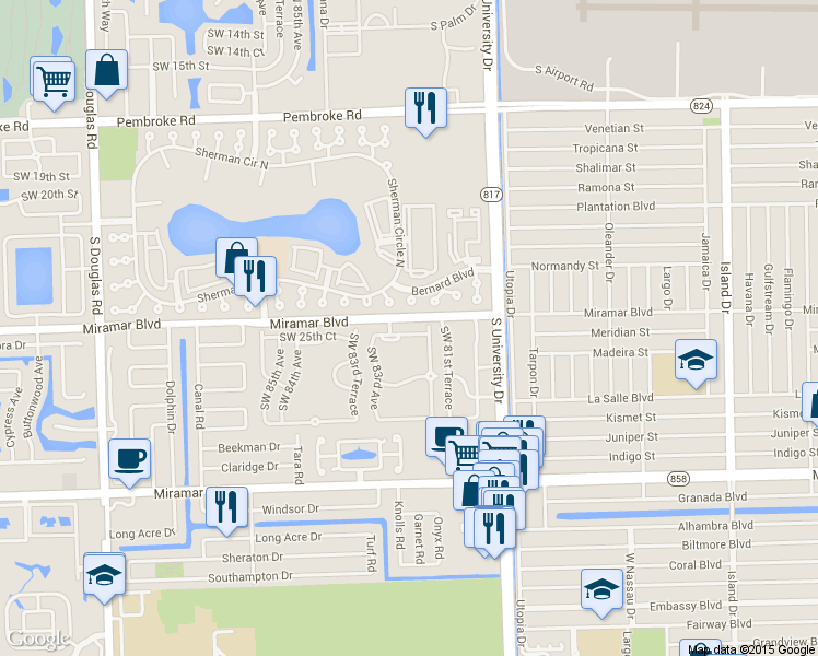 map of restaurants, bars, coffee shops, grocery stores, and more near 2461 Southwest 82nd Terrace in Miramar