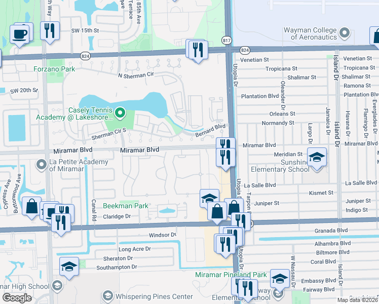 map of restaurants, bars, coffee shops, grocery stores, and more near 2461 Southwest 82nd Terrace in Miramar