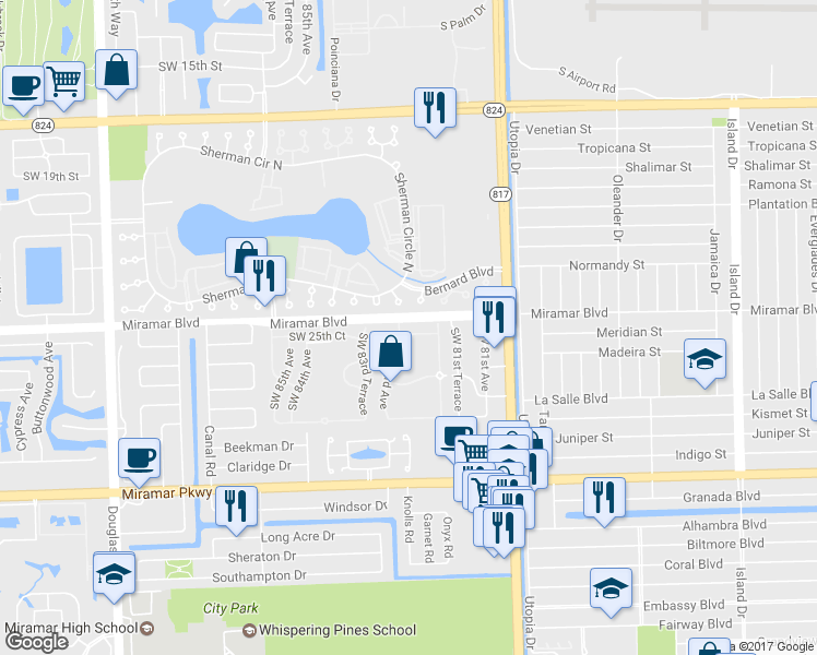map of restaurants, bars, coffee shops, grocery stores, and more near 2461 Southwest 82nd Terrace in Miramar