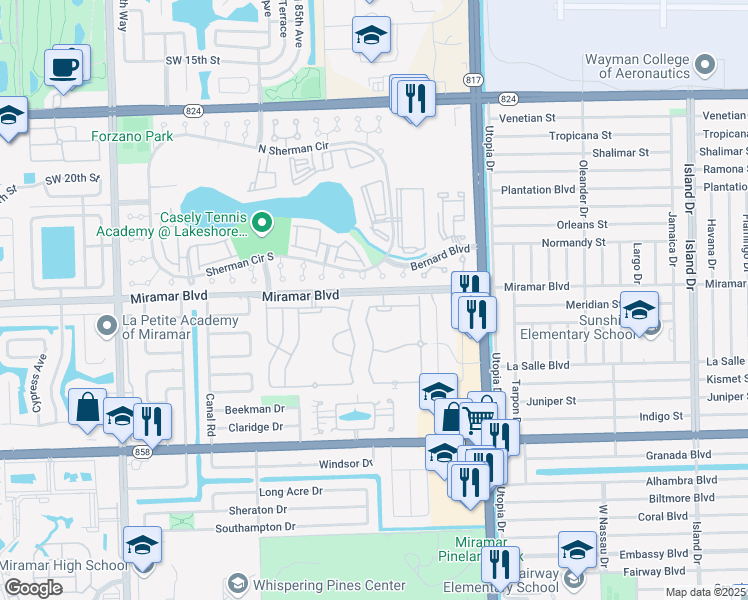map of restaurants, bars, coffee shops, grocery stores, and more near 2461 Southwest 82nd Terrace in Miramar