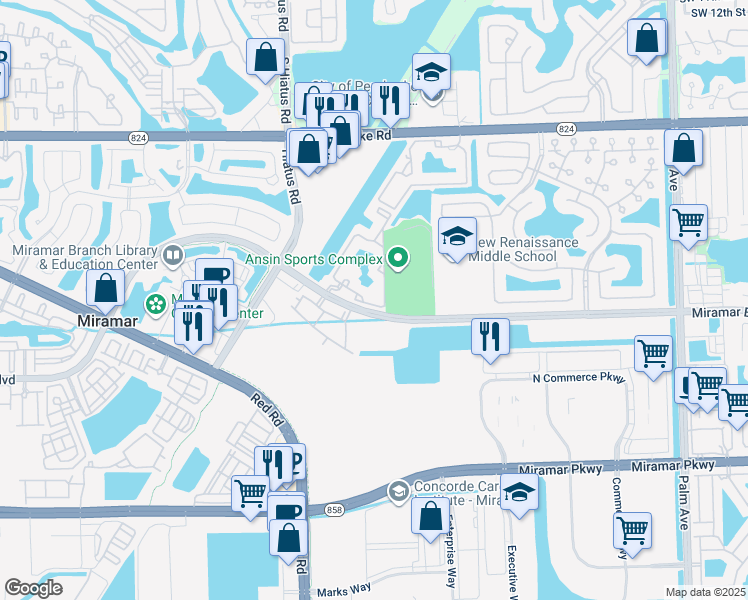 map of restaurants, bars, coffee shops, grocery stores, and more near 2200 East Preserve Way in Miramar