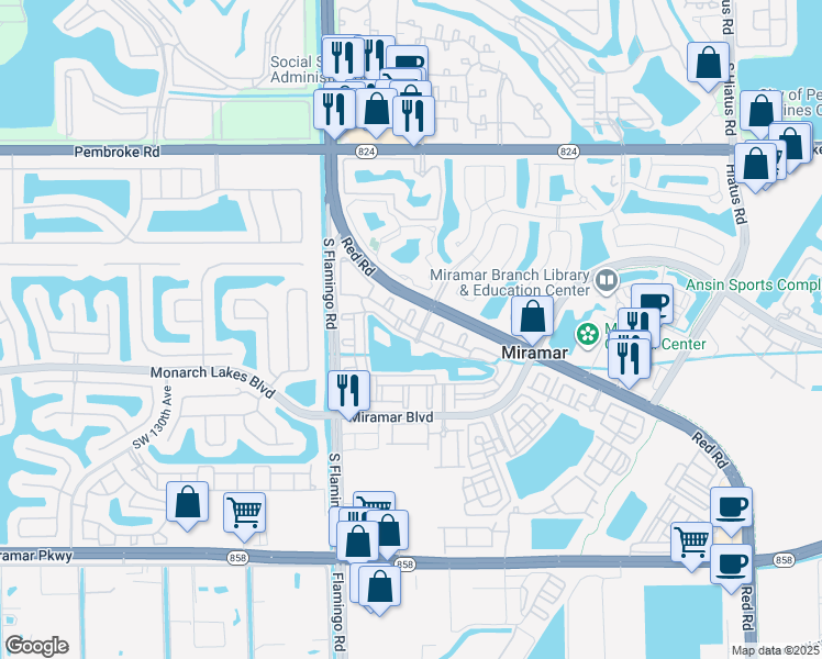 map of restaurants, bars, coffee shops, grocery stores, and more near 2451 Centergate Drive in Miramar