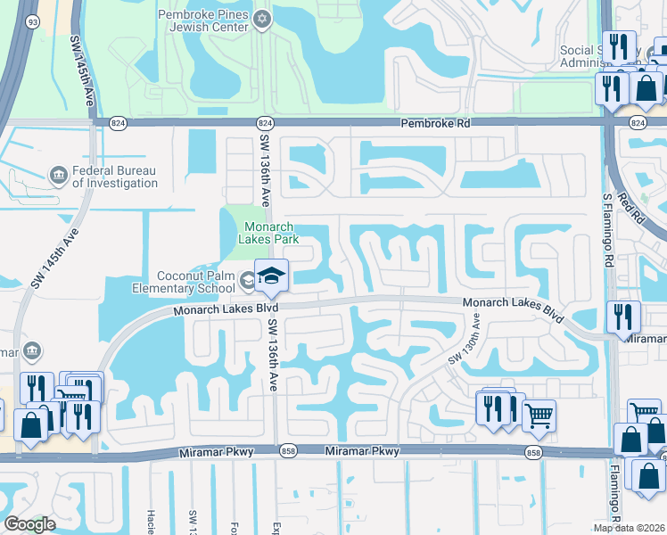map of restaurants, bars, coffee shops, grocery stores, and more near 2328 Southwest 132nd Terrace in Miramar
