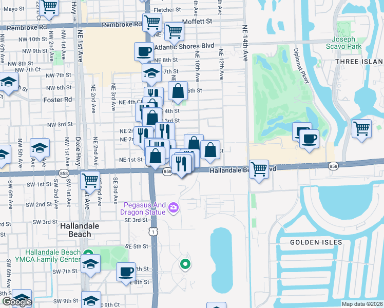 map of restaurants, bars, coffee shops, grocery stores, and more near 161 Northeast 10th Avenue in Hallandale Beach