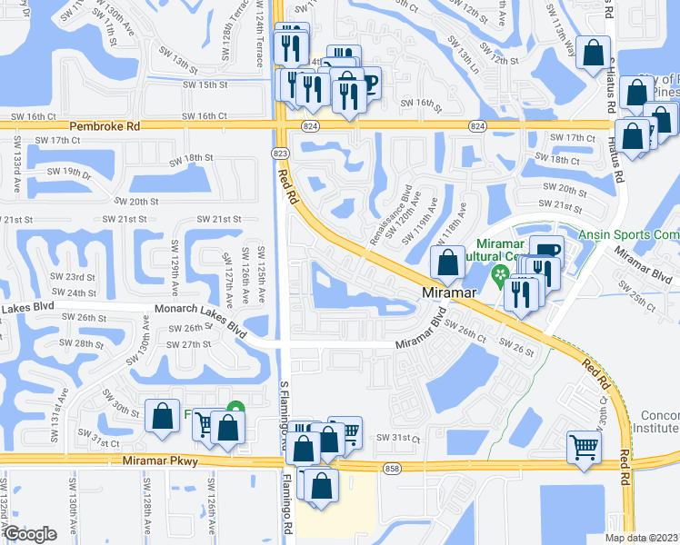 map of restaurants, bars, coffee shops, grocery stores, and more near 2451 Centergate Drive in Miramar