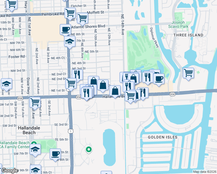 map of restaurants, bars, coffee shops, grocery stores, and more near 120 Northeast 12th Avenue in Hallandale Beach