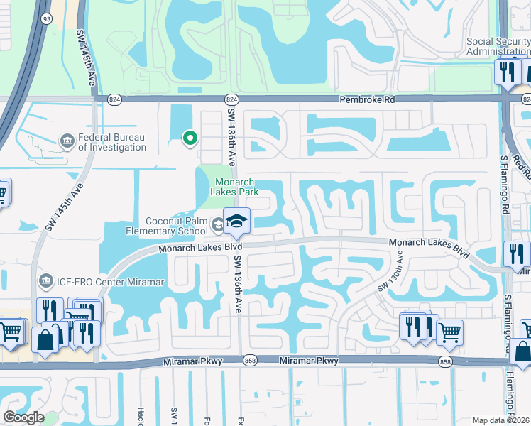 map of restaurants, bars, coffee shops, grocery stores, and more near 13467 Southwest 23rd Street in Miramar