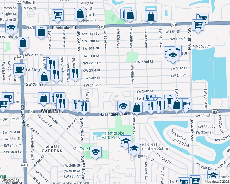 map of restaurants, bars, coffee shops, grocery stores, and more near 5106 Southwest 25th Court in Hollywood