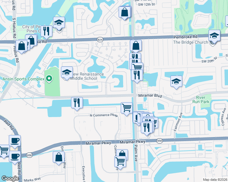 map of restaurants, bars, coffee shops, grocery stores, and more near 10269 Southwest 24th Court in Miramar