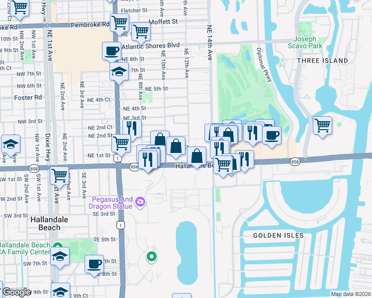 map of restaurants, bars, coffee shops, grocery stores, and more near 120 Northeast 12th Avenue in Hallandale Beach