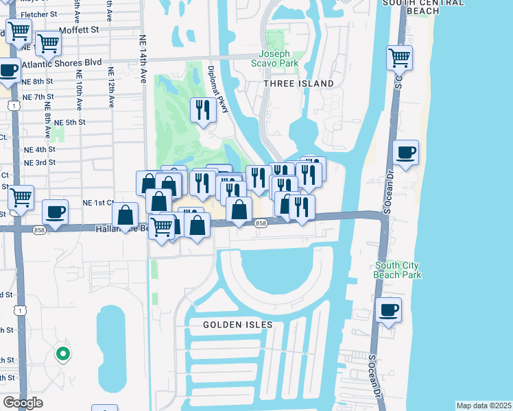 map of restaurants, bars, coffee shops, grocery stores, and more near 26 Diplomat Parkway in Hallandale Beach