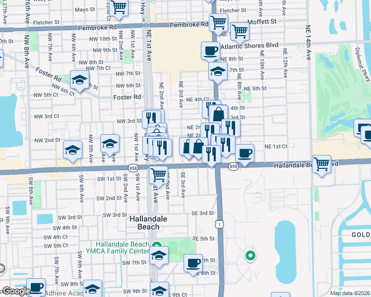 map of restaurants, bars, coffee shops, grocery stores, and more near 321 Northeast 1st Court in Hallandale Beach