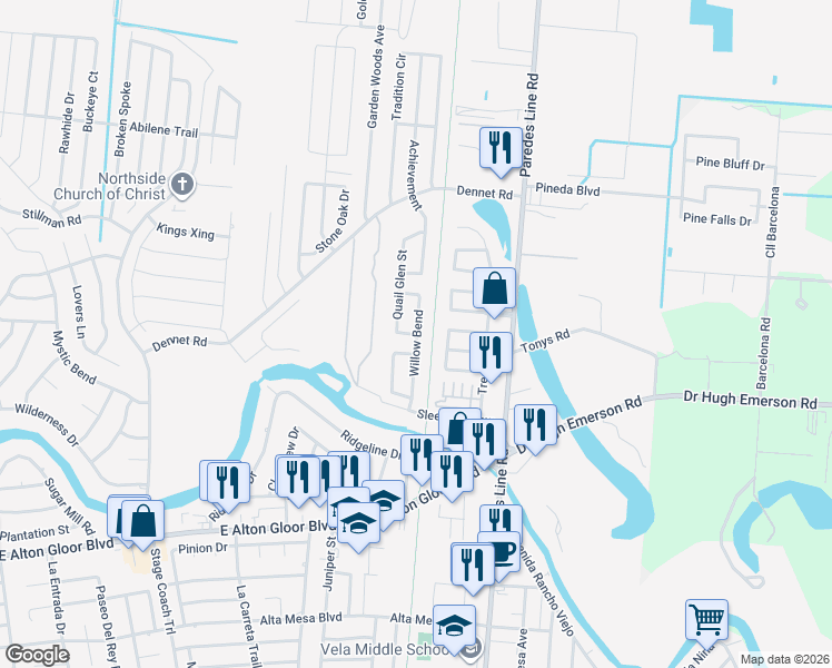 map of restaurants, bars, coffee shops, grocery stores, and more near 5432 Quail Glen Street in Brownsville