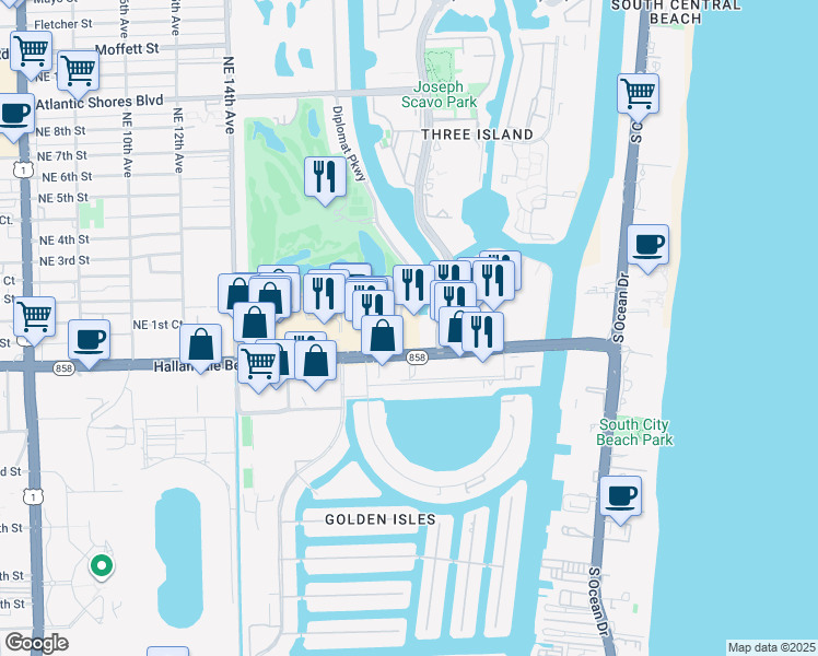 map of restaurants, bars, coffee shops, grocery stores, and more near 26 Diplomat Parkway in Hallandale Beach
