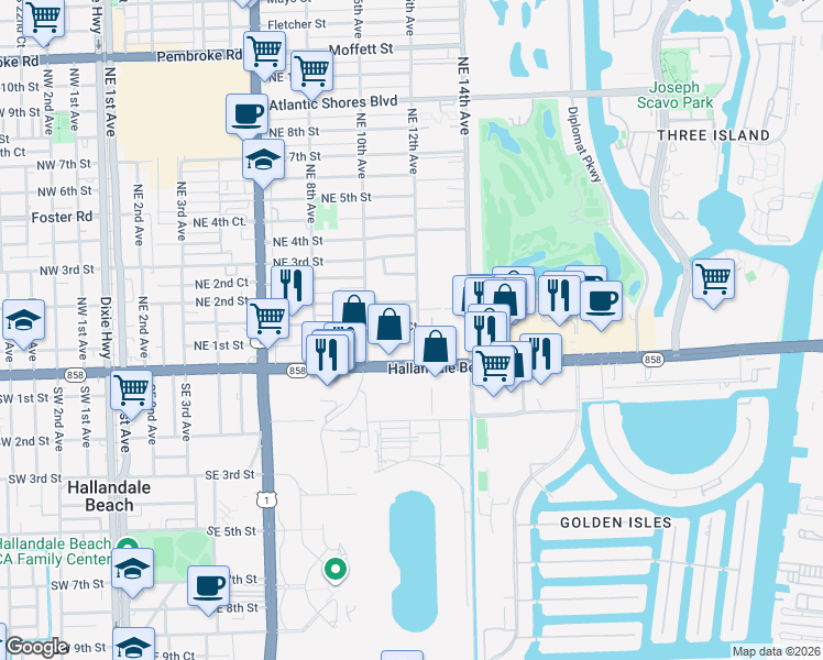 map of restaurants, bars, coffee shops, grocery stores, and more near 120 Northeast 12th Avenue in Hallandale Beach