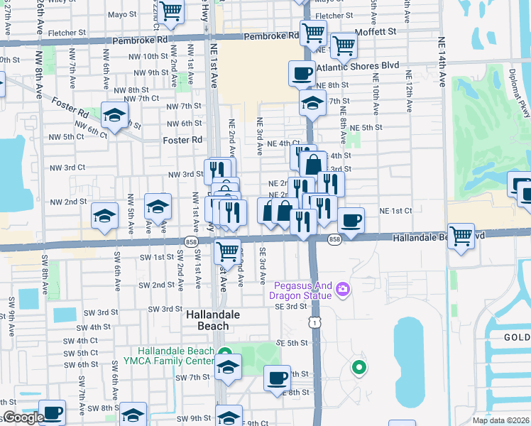 map of restaurants, bars, coffee shops, grocery stores, and more near 321 Northeast 1st Court in Hallandale Beach