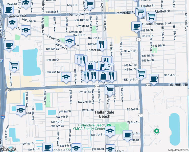 map of restaurants, bars, coffee shops, grocery stores, and more near 125 Northwest 1st Avenue in Hallandale Beach