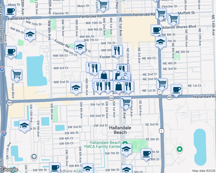 map of restaurants, bars, coffee shops, grocery stores, and more near 125 Northwest 1st Avenue in Hallandale Beach