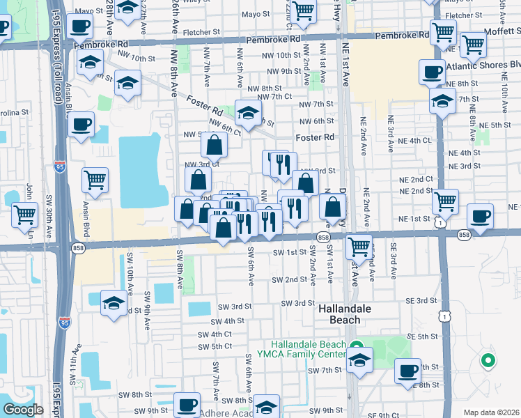 map of restaurants, bars, coffee shops, grocery stores, and more near 136 Northwest 6th Avenue in Hallandale Beach