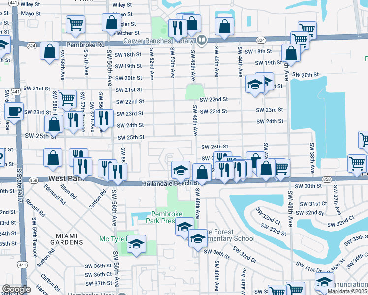 map of restaurants, bars, coffee shops, grocery stores, and more near 4900 Southwest 25th Court in Pembroke Park